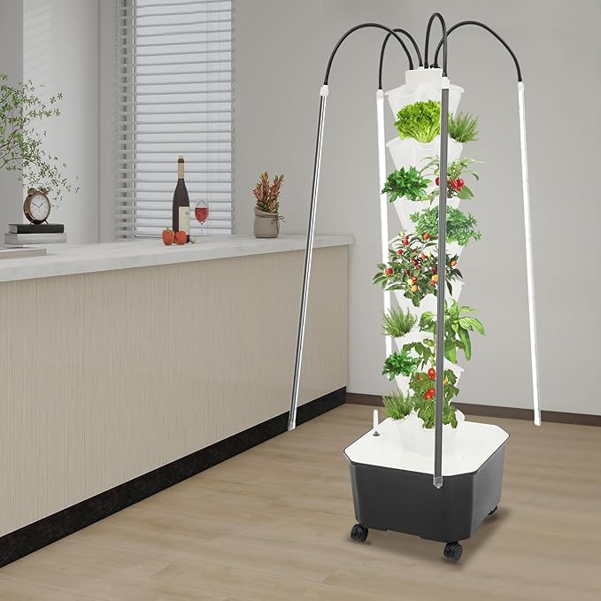 Hydroponic Growing System Kit 40 Plants 5-Layer Vertical Hydroponic Tower with LED Light Vertical Hydroponics Garden Tower with Pump &amp Water Level Gauge for Herbs Vegetables Fruits (White)