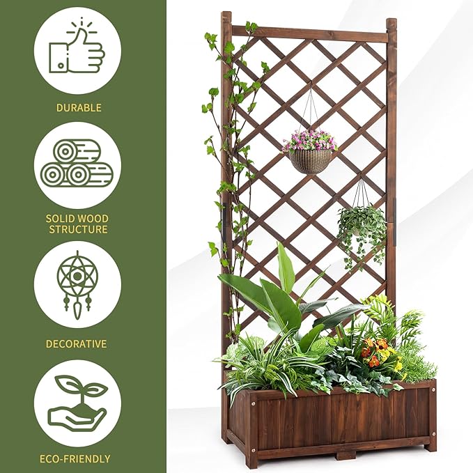 Wood Planter Raised Garden Bed with Trellis 67 Inch Tall Outdoor Garden Flower Standing Planter Box Privacy Screen Lattice Panels