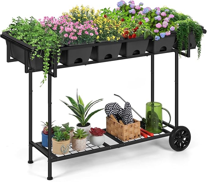 Vrisa Elevated Garden Bed with Shelf 43x17x29 in Outdoor Raised Planter Box with Legs and Wheels Vegetables Herbs Flowers Garden Box with Drain Outlet for Backyard Patio Balcony Grey