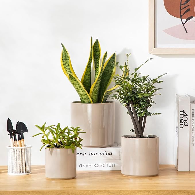 vancasso Ceramic Plant Pots 4.25+5.25+6.25 Inch Planter Pot with Drainage Hole Flower Pots for Indoor Outdoor Plants Set of 3 Grey