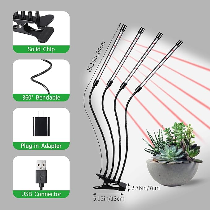 Grow Lights for Indoor Plants168 LEDs Clip Plant Lights Full Spectrum LED Plant Growing Lamps with Flexible Gooseneck 3/9/12H Timer 3 Spectral Modes 10 Dimmable Levels 4 Head