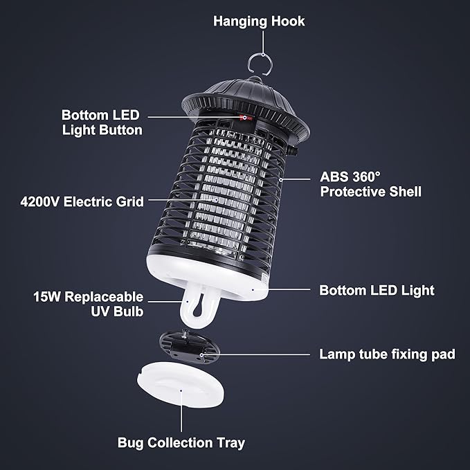 Bug Zapper Outdoor/IndoorMosquito Zapper 4200V High Powered Waterproof Electronic Mosquito Killer15W UVA Mosquito Lamp BulbFly Traps Patio Insects Killer (Black and White)