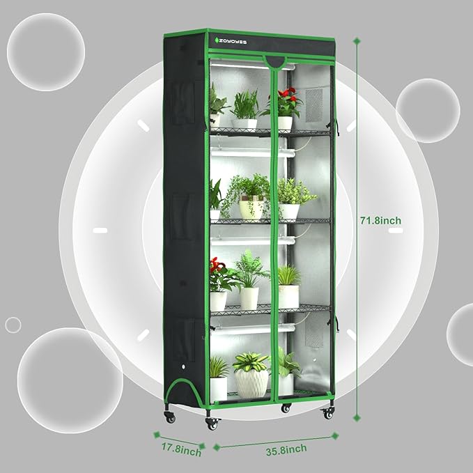 Indoor Greenhouse with Grow Light 35.8 W x 17.8 D x 71.8 H 5-Tier Plant Shelf with 3-Color T8 Growth Lights Plant Stand with Smart Timing Plug and thermohygrometer