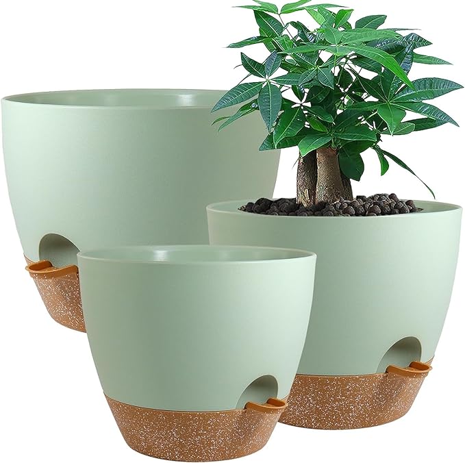 Large Self Watering Pots 12/10/9 Plastic Planters with High Drainage Holes and Deep Reservoir for Indoor Outdoor Garden Plants and Flowers Green with Brown