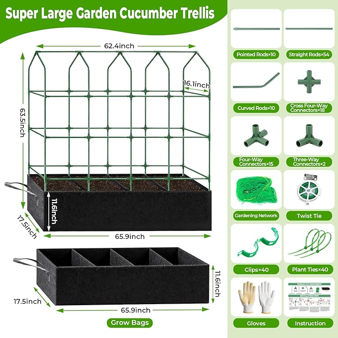 Large Pea Trellis for Climbing Plants Outdoor with Grow Bag67 Tall Metal U-Frame Plant Trellis for Peas with Garden Netting and Plant Clip Plant Ties for Vegetables Cucumber Tomatoes Squash Pea