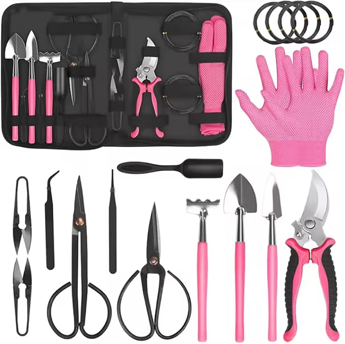 Bonsai Tool Kit High Carbon Steel Bonsai Tools Set Include Pruning Shears Scissors Trowel Rake PU Leather Bag and More Portable Garden Tool Set