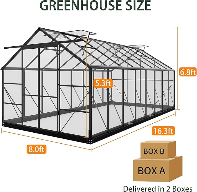 Greenhouses for Outdoors 8x16 FT Polycarbonate Greenhouses with 4 Adjustable Roof Vents Walk-in Aluminum Frame Green Houses for Outside with Sliding Doors Windproof