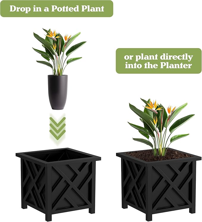 Lattice Design Planter Box 2-Pack – 14.75-Inch Decorative Outdoor Flower or Plant Pots – Front Porch Patio and Garden Decor by Pure Garden (Black)