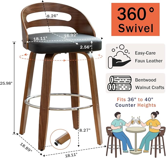 Counter Stools Set of 4 Counter Height Bar Stools with Walnut Crafts Bentwood Curved Back Upholstered Faux Leather Soft Cushion Seat Swivel Counter Chairs for Island/Pub (Black 26 Seat Height)