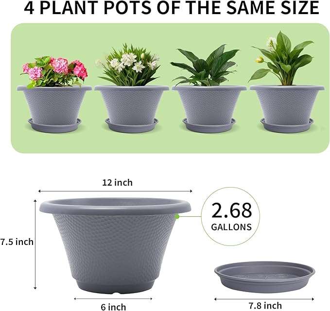Quarut 12 Inch Large Planter Pot for Plants Indoor Outdoor 4 Pack Plastic Flower Pots with Drainage Hole &amp Tray Modern Decorative Garden Pot with Saucer Plant Container for House Grey