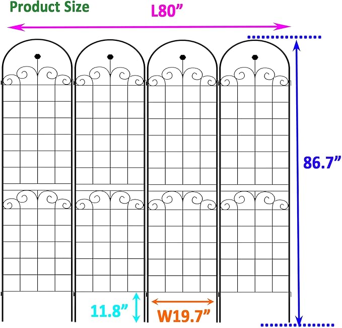 4 Pack Black Metal Garden Trellis for Climbing Plants Outdoor Plant Support Rose Trellis Netting Design for Garden Screen Patio Practical