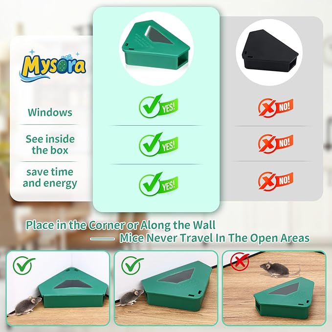 6 Pack Mouse Bait Stations with Visible Window &amp Keys Lockable Rodent Control Boxes Triangular Mice Traps Box for Indoor Outdoor Corners Garage Kitchen Bait Not Included (Green)