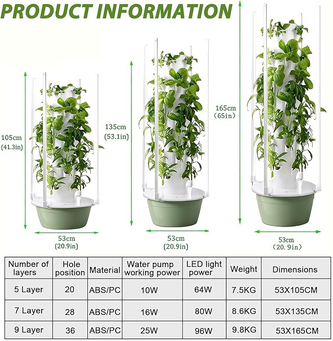 Hydroponic Growing System Kit Hydroponic Growing Tower with Automatic Water Circulation Indoor &amp Outdoor Vertical Planter Tower for Vegetables and Fruits with 4 LED Lights &amp Timer 9Layer