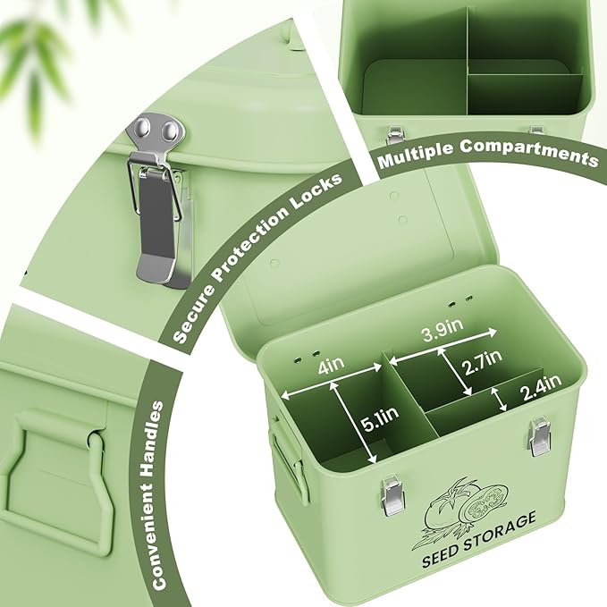 Seed Storage Organizer Box Metal Seed Box Garden Seed Organizer with Lid Seed Containers Storage with 3 Compartments 30 Seed Holder Organizers 50pcs Seed Envelopes (Green)
