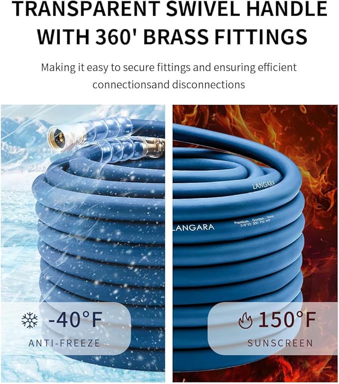 Heavy Duty Premium Garden Hose 100ft x 5/8 300PSI Working 1000PSI Burst Hybrid Rubber Water Hose with Transparent Swivel Handle - Hot/Cold Water - Five Layered Braiding with Brass fittings (Blue)