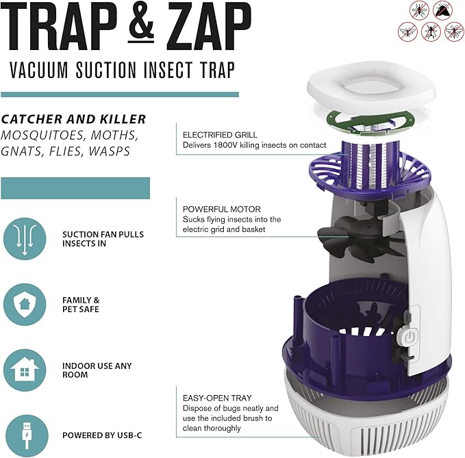 Trap &amp Zap Insect Catcher with Vacuum Suction - High-Efficiency UV Light Attractor and Quiet Fan