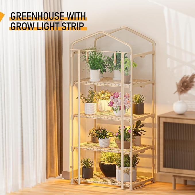 SPECILITE Indoor Greenhouse with Grow Lights - Adjustable 4 Tiers 27.6L×19.3W×61.4H Mini Greenhouse with Zip PVC Cover and 45W Plant Light Portable Green House with Timer for Winter &ampIndoor Pl