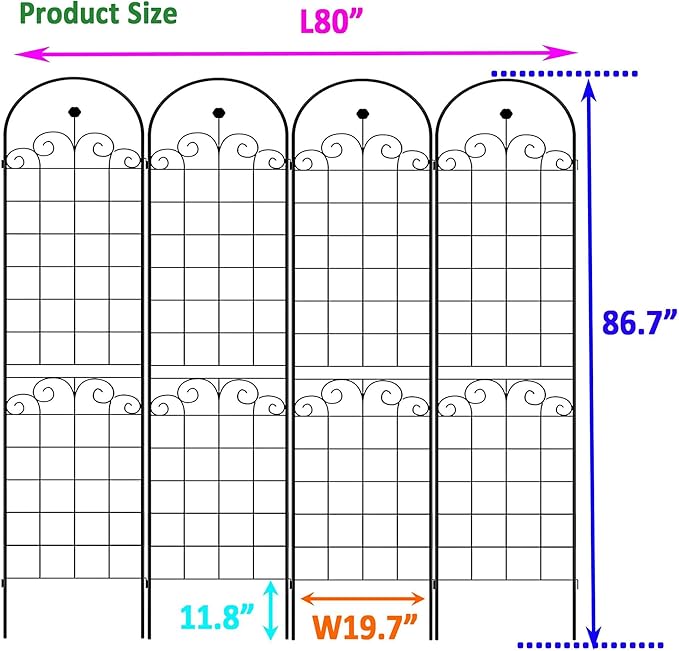 Metal Garden Trellis for Climbing Plants Black 4 Pack Connectable 19.7 x 86.7 Each Panel 80 Total Length Galvanized Tube with Rose Decoration
