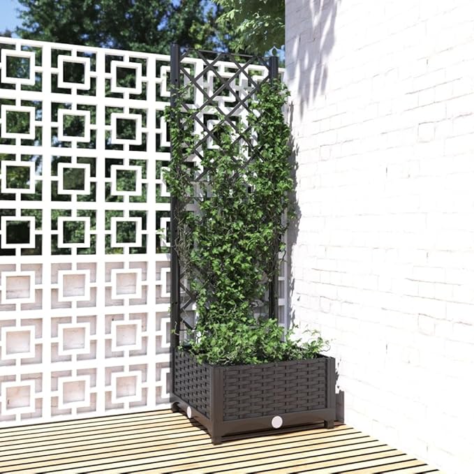 vidaXL Garden Planter with Trellis – Black 15.7x15.7x47.8 – Weather- PP for Outdoor Use in Garden Balcony Terrace