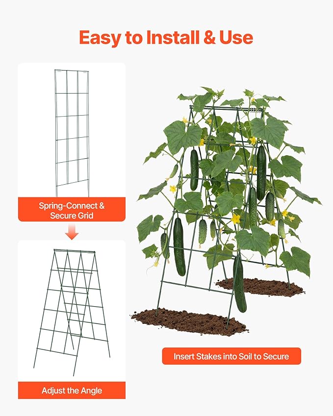 VEVOR Cucumber Trellis 46 High Foldable A-Frame Garden Trellises for Raised Bed 4 Panels Metal Rustproof Outdoor Climbing Plant Support with 2 Plant Bags for Vine Peas Beans Tomato Flowers