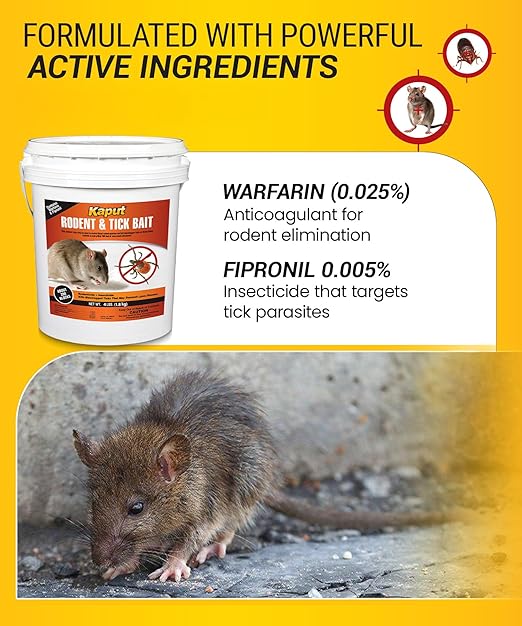 Kaput Rodent &amp Tick Bait Blocks 4Lb - Powerful Warfarin &amp Fipronil Rat Bait Blocks for Rat Control and Their Blacklegged Ticks - Epa Approved Rodent Killer for Long-Lasting Protection