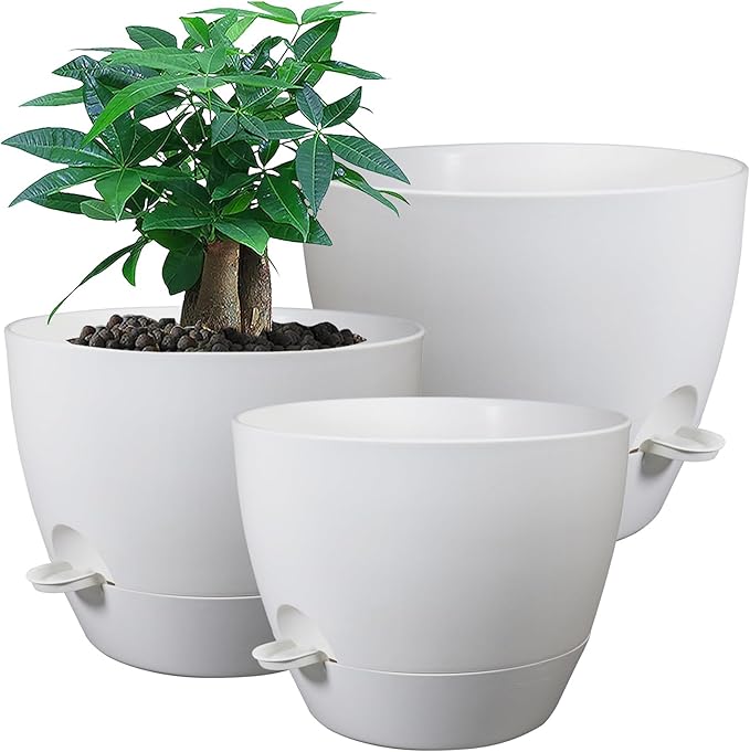 Large Self Watering Pots 12/10/9 Plastic Planters with High Drainage Holes and Deep Reservoir for Indoor Outdoor Garden Plants and Flowers White