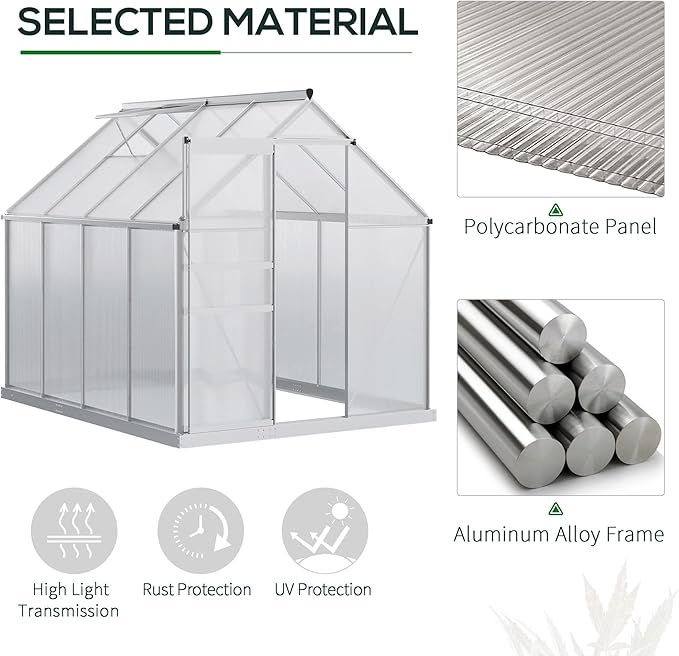 Outsunny 6' x 8' x 6.5' Polycarbonate Greenhouse with Adjustable Roof Vent Walk-in Heavy Duty Green House Kit with Aluminum Frame Sliding Door and Rain Gutter for Winter Silver