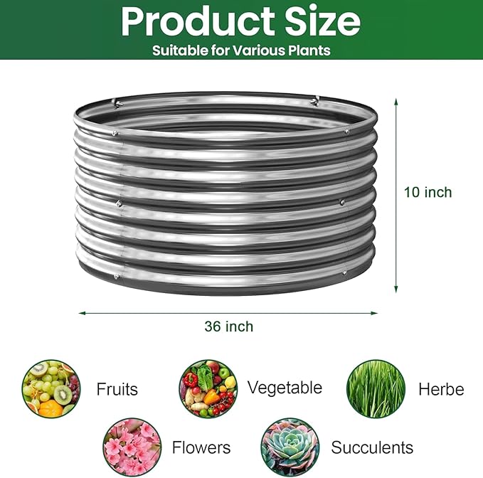 5 Pack 3x3FT Round Corrugated Galvanized Steel Raised Garden Bed Outdoor Metal Above Ground Garden Bed for Vegetables and Flowers Raised Beds for Gardening-3x3FTx10Inch