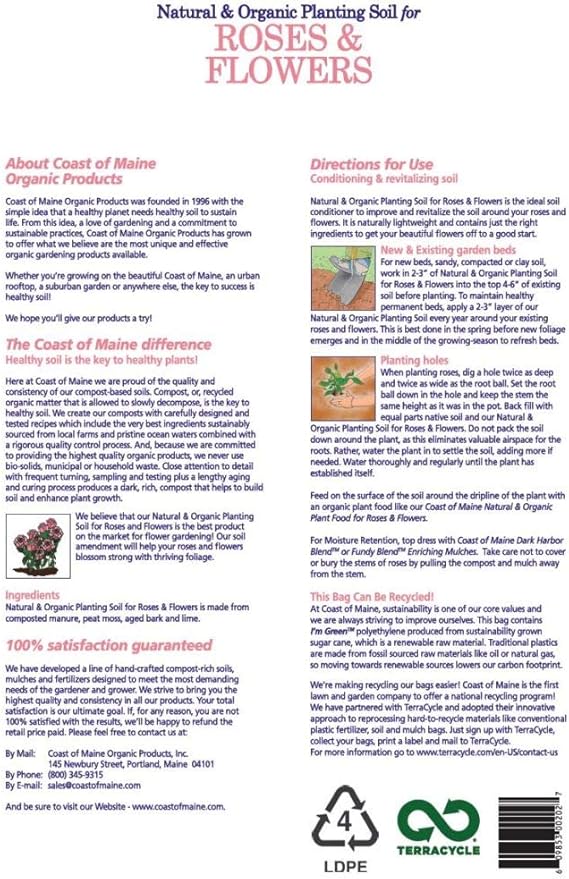 Coast of Maine Organic &amp Natural Planting Soil for Roses &amp Flowers - Premium Garden Soil w/Composted Manure Sphagnum Peat Moss for Multi Use In Ground &amp Containers - Enhanced Drainage (20