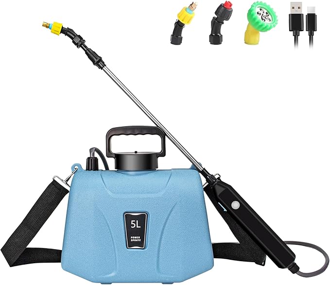 SZHLUX 1.35 Gallon Battery Powered Sprayer Upgrade Electric Sprayer with USB Handle Telescopic Wand 3 Mist Nozzles and Adjustable Shoulder Strap Garden Sprayer for Gardening Cleaning