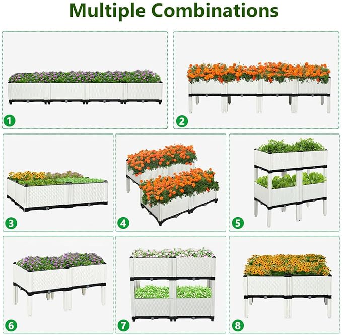S AFSTAR Raised Garden Bed Kit Set of 4 Elevated Planter Boxes with Self-Watering Design &amp Removable Legs Outdoor Plastic Planter Box for Patio Yard Balcony Gardening Rattan Pattern (White)