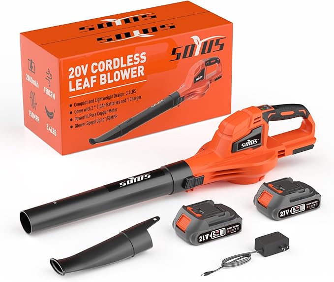 SOYUS Leaf Blower 20V Leaf Blower Cordless with 2x2.0Ah Battery and Charger 150 MPH Electric Leaf Blowers with Two-Speed Mode Blowers for Lawn Care Debris Dust Cleaning(Orange)