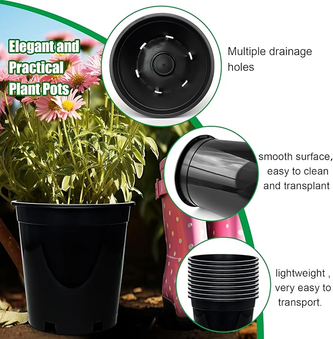 1.5 Gallon Plastic Nursery Pots 7.5 Inch Round Plant Pots with Drainage Holes 15 Pack Flower Pots for Outdoor Indoor Plants Flowers Gardening Gifts for Women Black