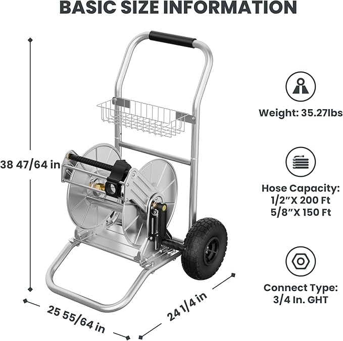 Giraffe Tools Garden Hose Reel Cart with Wheels Stainless Steel Heavy Duty Water Hose Reel Cart 200 ft of 1/2 Capacity Mobile for Outside
