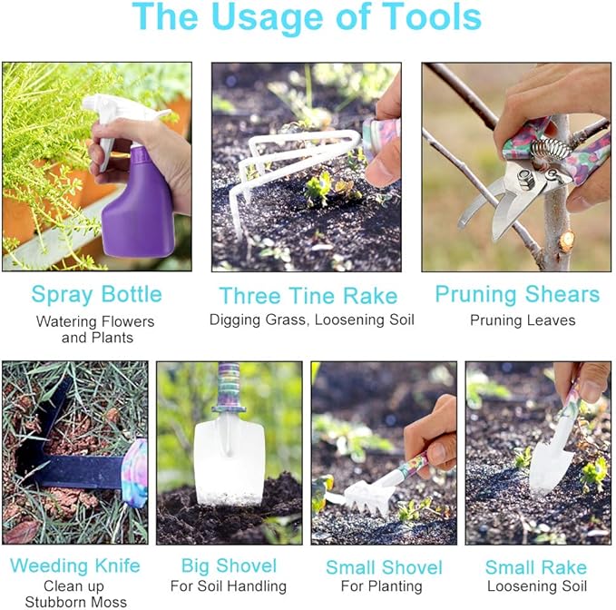 Jhua Garden Tool Set 10 Pieces Gardening Tools Kit with Purple Flower Print Ergonomic Handle Trowel Rake Weeder Pruner Shears Sprayer Garden Hand Tools with Carrying Case Gardening Gifts for Women