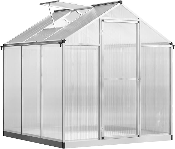 Outsunny 6' x 6' Greenhouse for Outdoors Polycarbonate Greenhouse with Rain Gutter and Roof Vent Aluminum Walk-in Green Houses for Outside Patio Backyard Garden