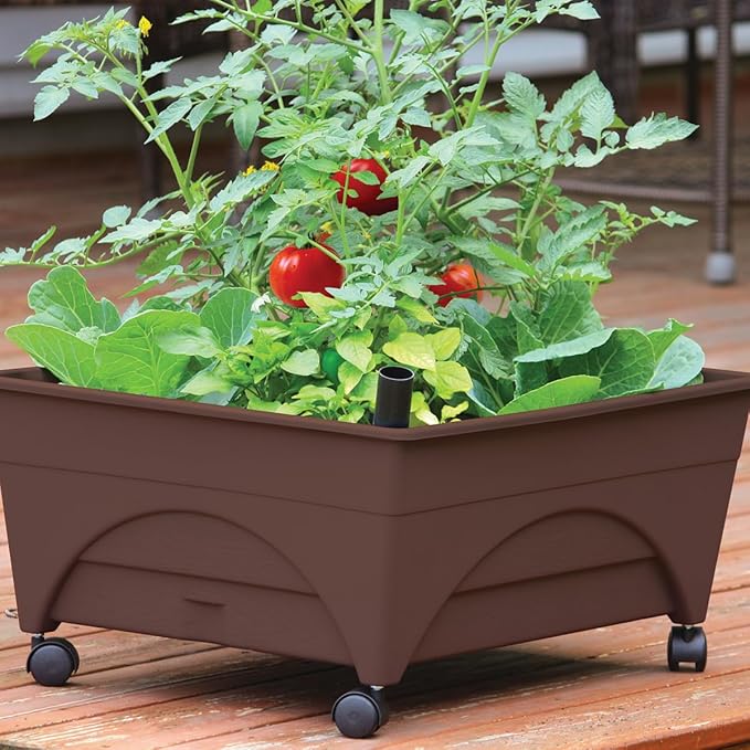 Emsco Group 2345 City Raised Bed Grow Box – Self Watering and Improved Aeration – Mobile Unit with Casters Picker Earth Brown