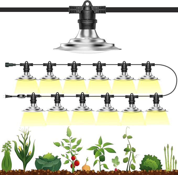 IMVSINCERE Outdoor Grow Light String 200W Greenhouse IP44 Waterproof String Grow Lighting Full Spectrum LED Plant Grow Lights Lamp Garden Grow Lights 42.65ft for Veg Seedling Flower (12-Bulbs)