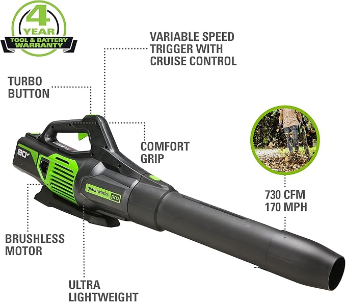 Greenworks 80V (730 CFM / 170 MPH) Cordless Brushless Axial Leaf Blower Everyday Yard Cleanup for Driveways &amp Patios Lightweight Battery and Charger not included