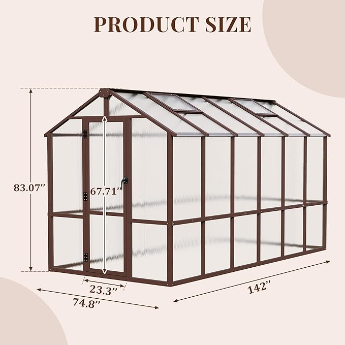 6x12 FT Wooden Greenhouse with Cedar Frame Walk-in Heavy Duty Green House for Outdoors with 6MM Thick Polycarbonate Panel and Adjustable Roof Vents Garden Backyard Patio Lawn Brown