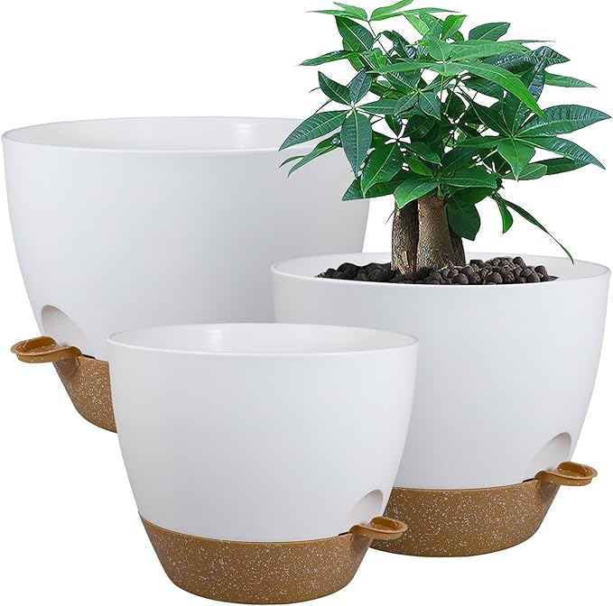 Large Self Watering Pots 12/10/9 Plastic Planters with High Drainage Holes and Deep Reservoir for Indoor Outdoor Garden Plants and Flowers White with Brown