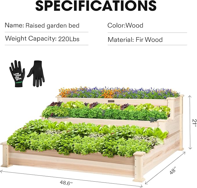 VIVOSUN 3-Tier Wooden Raised Garden Bed 48 x 48 x 21 Inches Outdoor Wood Planter Kit for Plants Herbs and Vegetables for Garden Patio Balcony Backyard and Outdoors