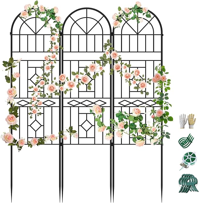 Garden Trellis for Climbing Plants 3 Pack 38Wx 64.6H Rustproof Flower Trellis with Black Coating Outdoor Climbing Rose Trellis Cucumbers Support for Courtyards Lawns (Black-Linear Shape 3 Pieces)