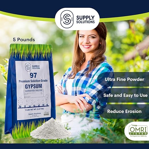 Supply Solutions Premium 97 Solution Grade Gypsum - Fast Acting Gypsum for Soil - Organic Calcium Sulfate Dihydrate - Gypsum Powder for Root Growth Lawns Mushroom Cultivation (5lbs)