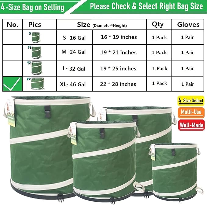 46-Gallon Collapsible Trash Can (22x28 in) Hard-Shell Bottom Yard Garden BagBig Leaf BagYard Waste BagDebris ContainerPop-Up Recycling BinCamping Waste BinLaundry HamperLawn GrassWeeds Barrel