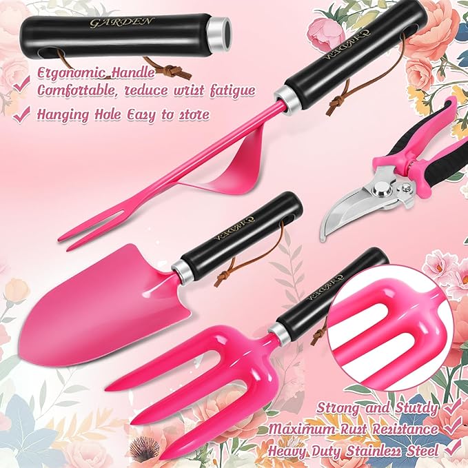 Gardening Tools 9-Piece Heavy Duty Gardening Hand Tools Set (Pink)Stainless Steels and Reinforced Garden Supplies Kit Durable Garden Tools Organizer HandbagIdeal Garden Gifts for Women