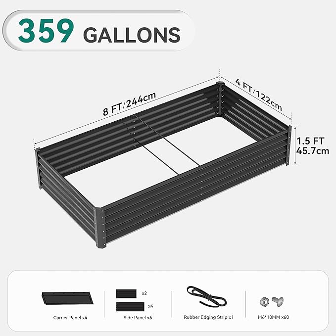 YITAHOME 2pcs 8x4x1.5ft Outdoor Raised Garden Bed Kit Large Metal Patio Planter Box with Gloves Support Rod and Safe Edge Curling Design for Plants Vegetables Flowers Black