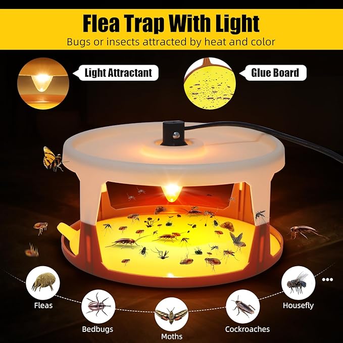 4 Pack Flea Traps for Inside Your Home Flea Light Trap for Indoor Flying Insect Control Trapper with 12 Bulbs 12 Sticky Pads Refills Bed Bug Trap for House Indoor