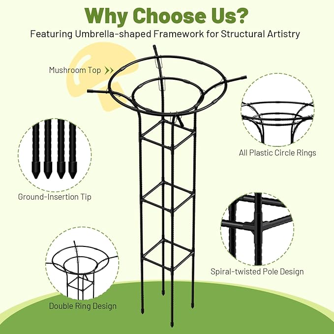 Garden Trellis for Climbing Plants Outdoor 65 Inch Mushroom Top Trellis for Climbing Plants Plant Trellis Support for Potted Plants Climbing Vine Rose Clematis Vegetable Trellis 1 Pack (1)