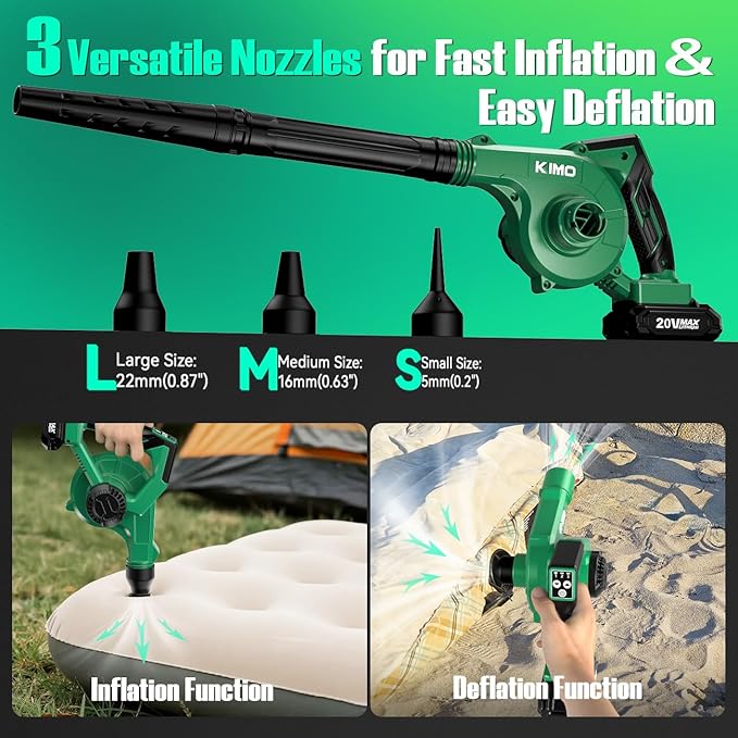 K I M O. Cordless Leaf Blower and Vacuum Combo 4 In 1 3 Nozzles for Inflation and Deflation 190MPH/260CFM Smart Panel with 3 Modes 20 Extended Tube 2000mAh Battery Cordless Blowers for Lawn Care